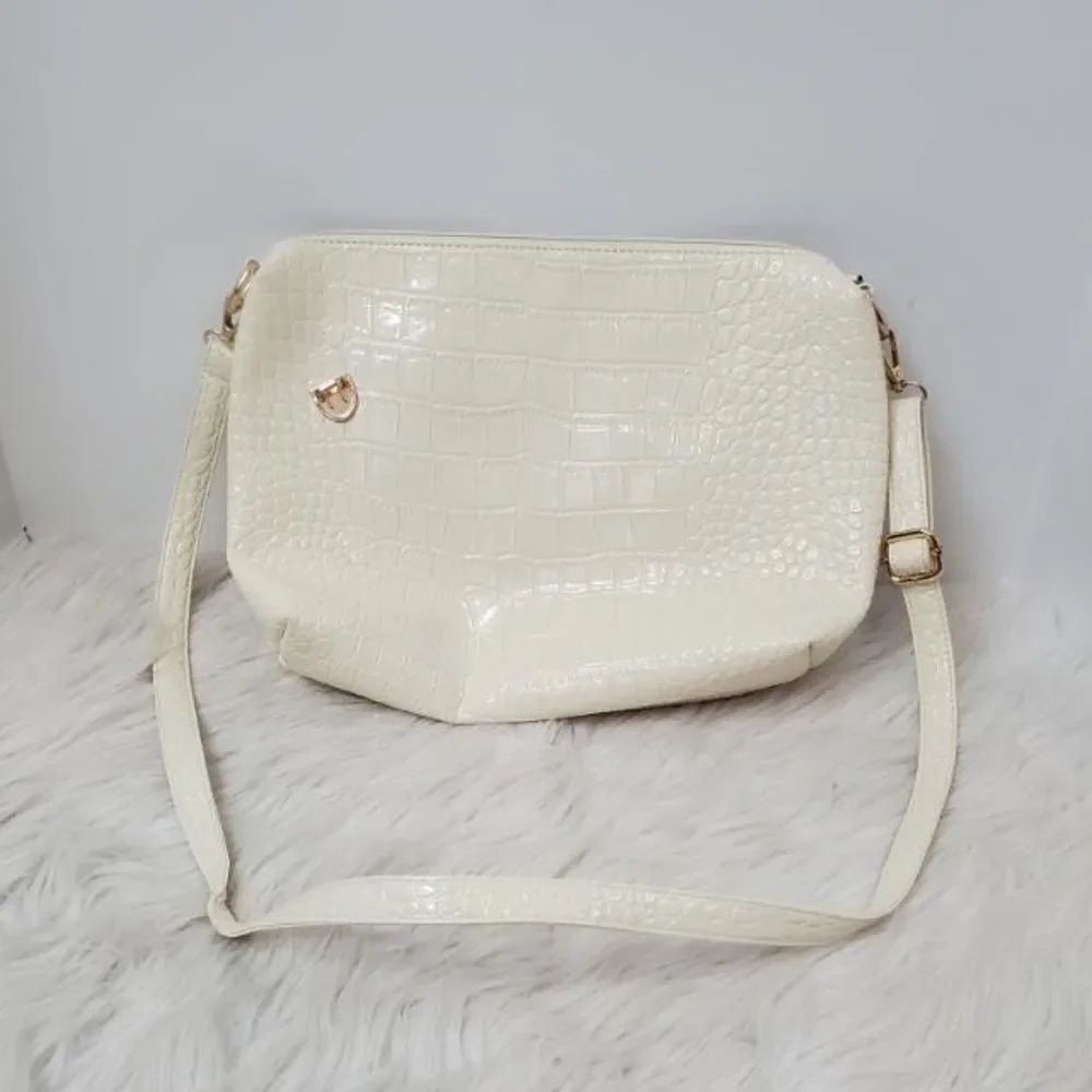 Croc Print Crossbody Purse Glossy Cream Gold Hardware